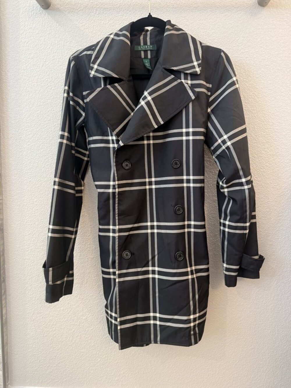 Lauren Ralph Lauren Navy White Plaid Belted Trench Coat Small